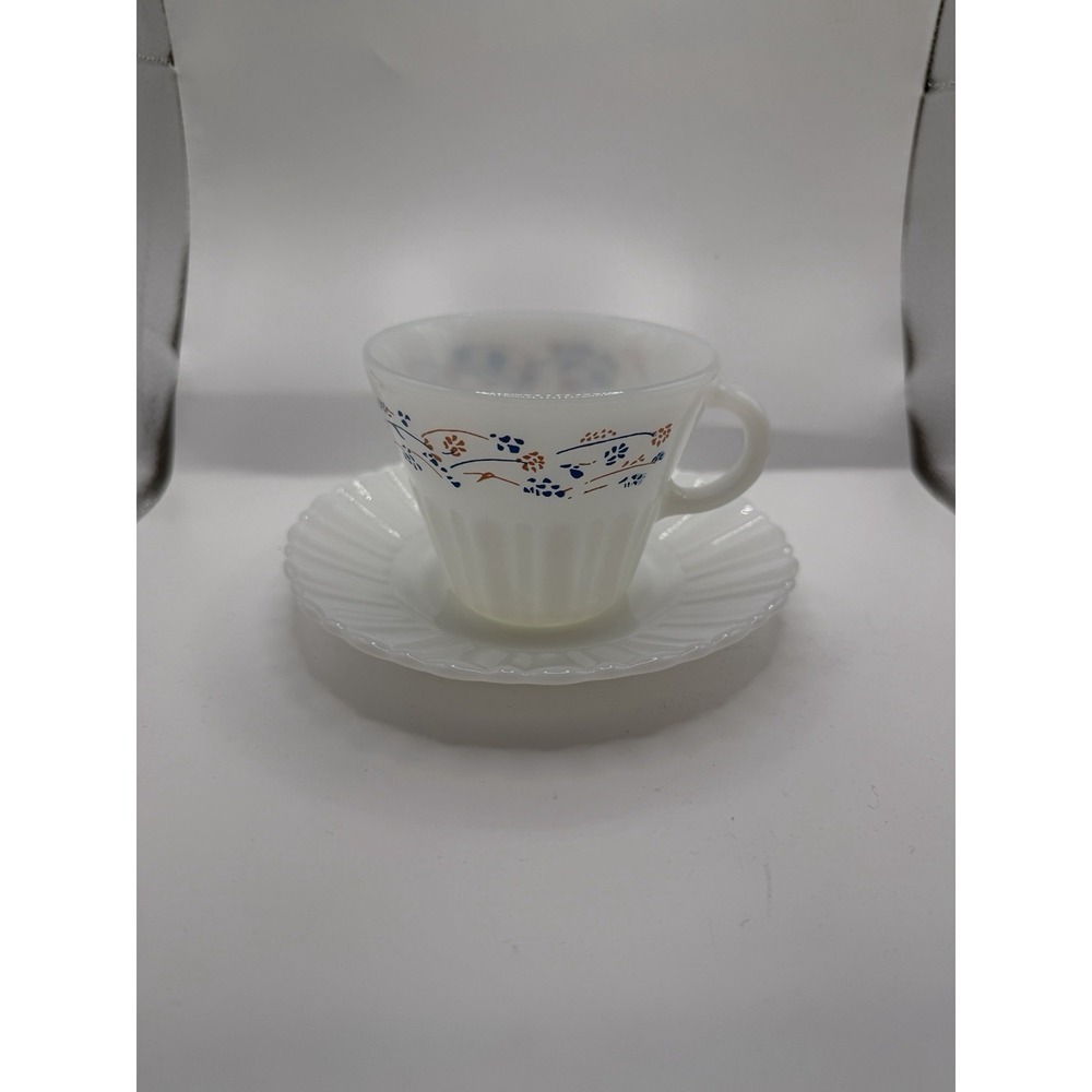 Vintage Termocrisa Milk Glass blue flower tea set for 4 cups and plate